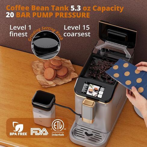 Garvee Garvee Automatic Espresso Machine بالكامل ، مع حليب مفعم بالحيوية ، وصفة اتصال واحدة ، وشاشة تعمل باللمس ، و 20 بارًا Pressur و 15 إعدادات طحن لـ Latte و Cappuccino و Espresso و Prench-In Pression in Kuwait