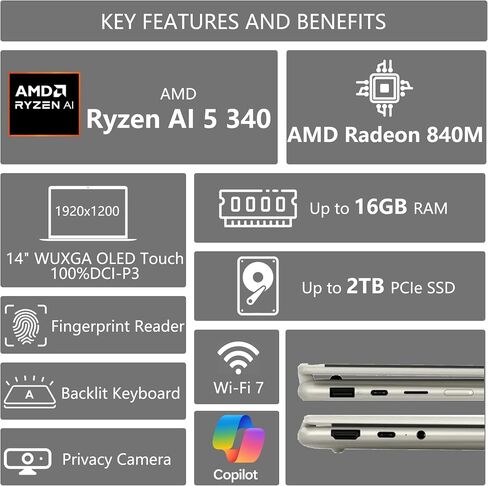 Lenovo Yoga 7 2-in-1 Copilot+ AI PC Laptop | 14 "Wuxga OLED Touch (100 ٪ DCI-P3) | AMD RYZEN AI 5 340 (حتى 50 TOPS) | 16GB DDR5 512GB in Saudi Arabia