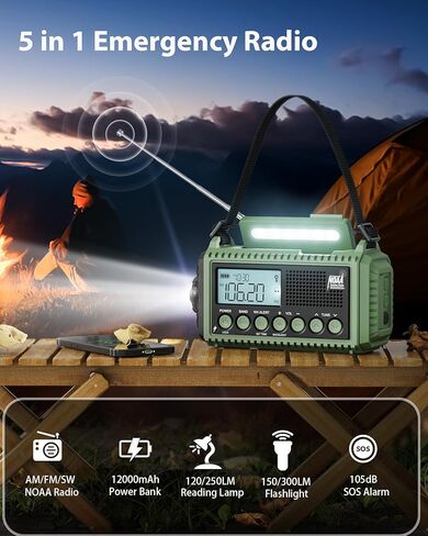 راديو الطقس الطارئ ، راديو AM/FM/SW NOAA المحمول ، تنبيه تلقائي ، مدته 12000 مللي أمبير في وقت التشغيل ، وقت تشغيل 130 ساعة ، شاشة LCD ، SOS بصوت عال ، مصباح ، شاحن الهاتف ، راديو يدوية الشمسية لحالة الطوارئ/الخارج in Kuwait