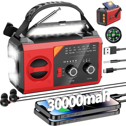 30000mAh Emergency Radio with NOAA Weather Alert, Emergency Hand Crank Weather Radio Portable AM/FM/NOAA Solar Radio with Compass SOS&Flashlight for Survival and Camping/Home (Orange-30000mAh) in Saudi Arabia