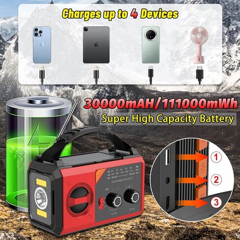 30000mAh Emergency Radio with NOAA Weather Alert, Emergency Hand Crank Weather Radio Portable AM/FM/NOAA Solar Radio with Compass SOS&Flashlight for Survival and Camping/Home (Orange-30000mAh) in Saudi Arabia