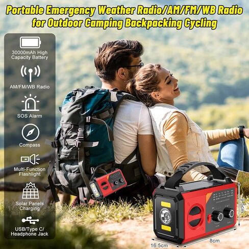 30000mAh Emergency Radio with NOAA Weather Alert, Emergency Hand Crank Weather Radio Portable AM/FM/NOAA Solar Radio with Compass SOS&Flashlight for Survival and Camping/Home (Orange-30000mAh) in Saudi Arabia