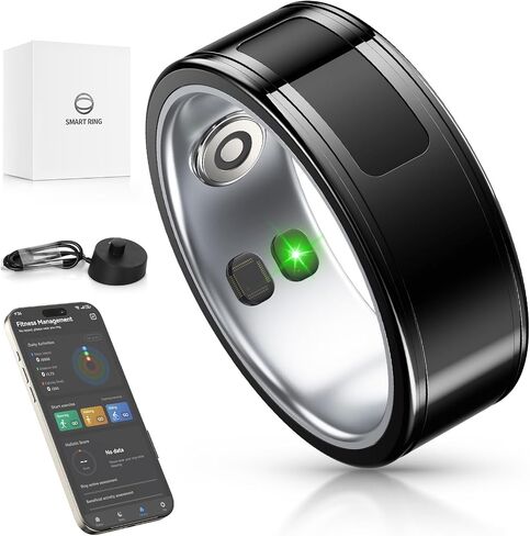 Smart Ring,24H Body/Sleeping/Fitness Monitor with Wireless Charging,Health Ring with IP68 Waterproof,Fitness Tracker for Men/Women,Portable APP Connection for Music Reading Photo (Black, 12#) in Saudi Arabia