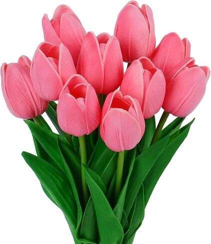 VaryFloral 10 قطع زهور التوليب الوردية زهور صناعية من البولي يوريثان زهور التوليب الاصطناعية التي تعمل باللمس الحقيقي وجذع واحد مزيف من زهور التوليب الربيعية باقة من الزهور لتزيين المنزل والحفلات المركزية وهدايا الزفاف in Saudi Arabia
