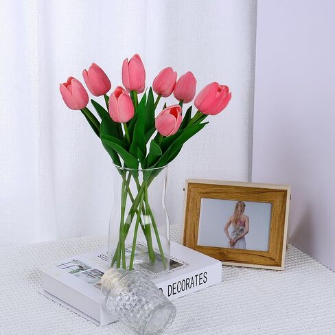 VaryFloral 10 قطع زهور التوليب الوردية زهور صناعية من البولي يوريثان زهور التوليب الاصطناعية التي تعمل باللمس الحقيقي وجذع واحد مزيف من زهور التوليب الربيعية باقة من الزهور لتزيين المنزل والحفلات المركزية وهدايا الزفاف in Saudi Arabia