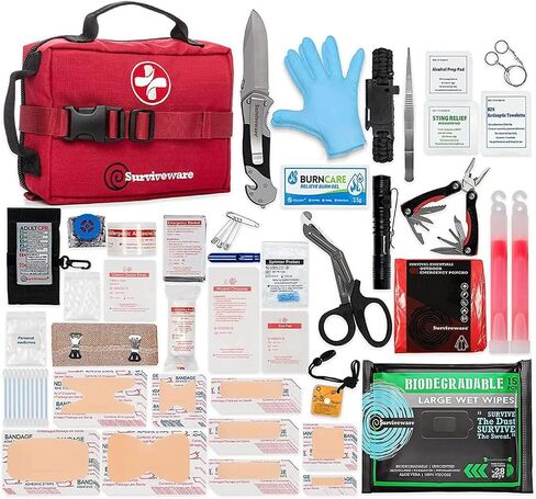 Surviveware 119 PCS شاملة لمجموعة الإسعافات الأولية للبقاء على قيد الحياة - طقم الطوارئ الطبية لمعدات التخييم ، والضروريات المنزلية والطوارئ الخارجية - HSA & FSA مجموعة البقاء المؤهلة in Saudi Arabia
