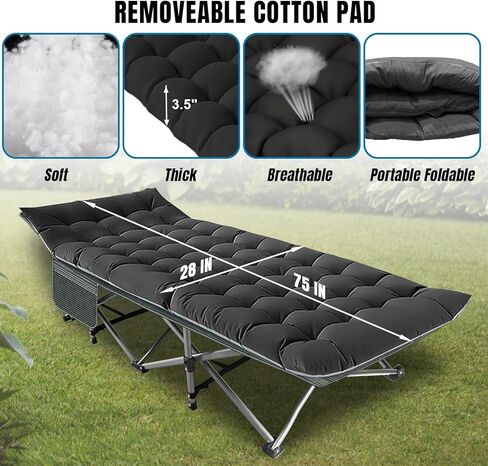 Camping Folding Cot with Mattress for Adults with 600lbs Max Load, Heavy Duty 28" Wide Portable Sleeping Camp Cot with Carry Bag for Home, Office, Travel - Black in Saudi Arabia