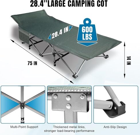 Camping Folding Cot with Mattress for Adults with 600lbs Max Load, Heavy Duty 28" Wide Portable Sleeping Camp Cot with Carry Bag for Home, Office, Travel - Black in Saudi Arabia