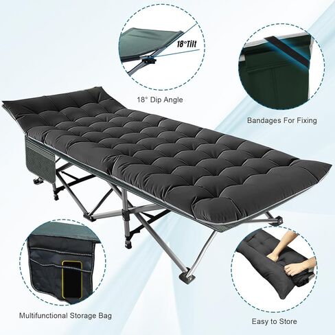 Camping Folding Cot with Mattress for Adults with 600lbs Max Load, Heavy Duty 28" Wide Portable Sleeping Camp Cot with Carry Bag for Home, Office, Travel - Black in Saudi Arabia