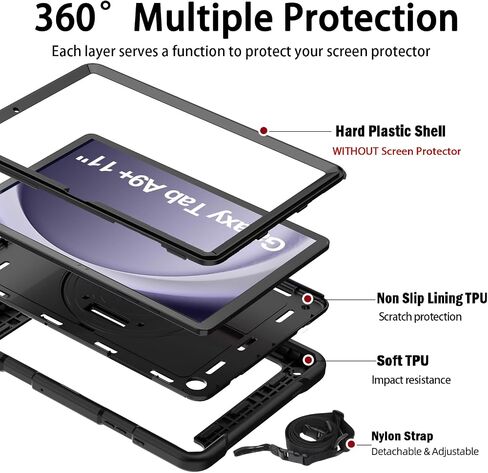 Bmouo لـ Samsung Galaxy Tab A9+ Plus Case 11 "2023 (SM-X210/X216/X218) ، Tablaxy Galaxy Tab A9 مع حزام دوار/حزام يدوي/كتف ، أسود in Saudi Arabia