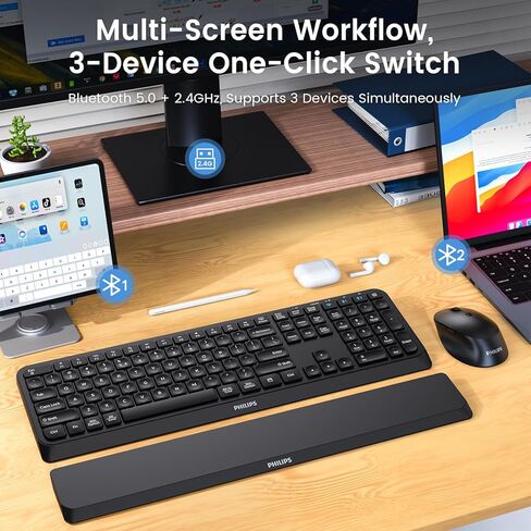 PHILIPS Bluetooth Keyboard and Mouse Combo - Bluetooth 2.4Ghz Wireless Keyboard and Mouse,Ergonomic Design with Palm Rest,3-Device Connectivity, 5 DPI Mouse, Long Battery for Office & Home -Black in Saudi Arabia