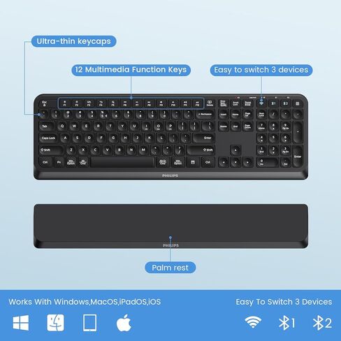 PHILIPS Bluetooth Keyboard and Mouse Combo - Bluetooth 2.4Ghz Wireless Keyboard and Mouse,Ergonomic Design with Palm Rest,3-Device Connectivity, 5 DPI Mouse, Long Battery for Office & Home -Black in Saudi Arabia