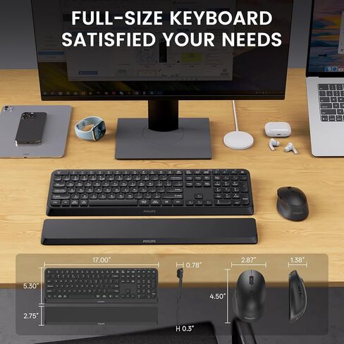 PHILIPS Bluetooth Keyboard and Mouse Combo - Bluetooth 2.4Ghz Wireless Keyboard and Mouse,Ergonomic Design with Palm Rest,3-Device Connectivity, 5 DPI Mouse, Long Battery for Office & Home -Black in Saudi Arabia