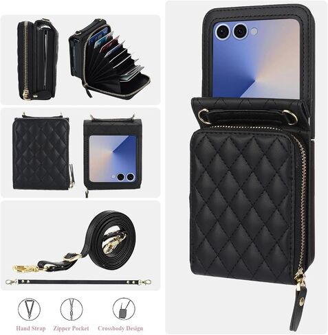 بالنسبة إلى Samsung Galaxy Z Flip 7 Case مع حامل البطاقة مع حافظة محفظة من 8 بطاقات مع حزام قابلة للانفصال عبر الحبل لينة بو للنساء- الأسود in Kuwait