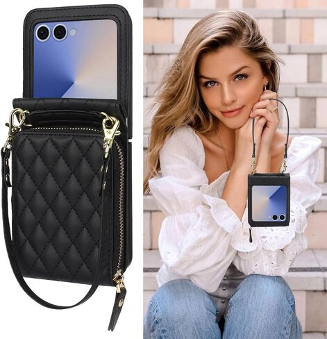 بالنسبة إلى Samsung Galaxy Z Flip 7 Case مع حامل البطاقة مع حافظة محفظة من 8 بطاقات مع حزام قابلة للانفصال عبر الحبل لينة بو للنساء- الأسود in Kuwait