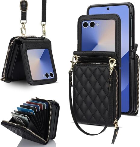 بالنسبة إلى Samsung Galaxy Z Flip 7 Case مع حامل البطاقة مع حافظة محفظة من 8 بطاقات مع حزام قابلة للانفصال عبر الحبل لينة بو للنساء- الأسود in Kuwait