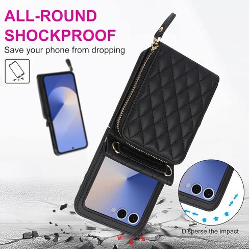 بالنسبة إلى Samsung Galaxy Z Flip 7 Case مع حامل البطاقة مع حافظة محفظة من 8 بطاقات مع حزام قابلة للانفصال عبر الحبل لينة بو للنساء- الأسود in Kuwait