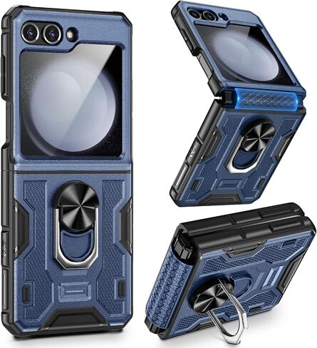 خضار لـ Galaxy Z Flip 5 Case ، Samsung Z Flip 5 Case مع حامي الشاشة وحماية المفصلات ، و 360 درجة كيكستاند حلقة ، وغطاء واقية من جسم كامل لـ Samsung Flip 5 2023 - Navy Blue in Kuwait