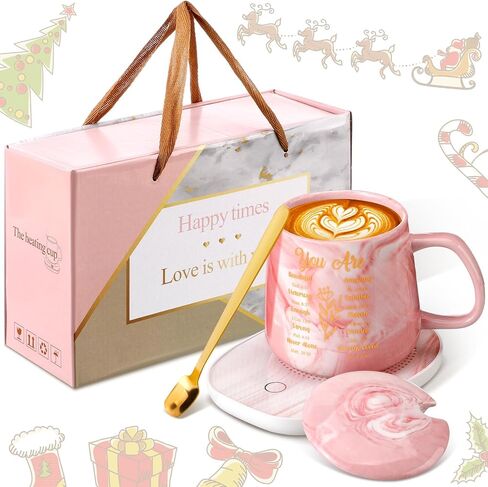Nitial Christian Gifts Bible Verse Coffee Warmer with Mug Set for Women Pink Marble Mug Warming Plate Birthday Gift Christmas Graduation Gifts for Coworker Volunteer Teacher in Saudi Arabia