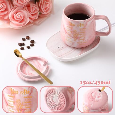 Nitial Christian Gifts Bible Verse Coffee Warmer with Mug Set for Women Pink Marble Mug Warming Plate Birthday Gift Christmas Graduation Gifts for Coworker Volunteer Teacher in Saudi Arabia