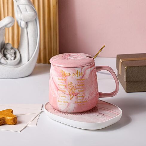 Nitial Christian Gifts Bible Verse Coffee Warmer with Mug Set for Women Pink Marble Mug Warming Plate Birthday Gift Christmas Graduation Gifts for Coworker Volunteer Teacher in Saudi Arabia