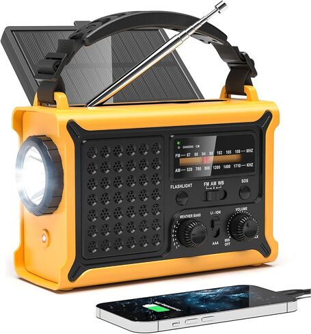 NOAA Weather Radio, 12000mAh Emergency Portable Radio, Hand Crank & Solar | AM/FM, 8500mm² Solar Panel, Rechargeable Battery, Flashlight, Reading Light, SOS and USB Charging for Camping and Emergencies in Kuwait