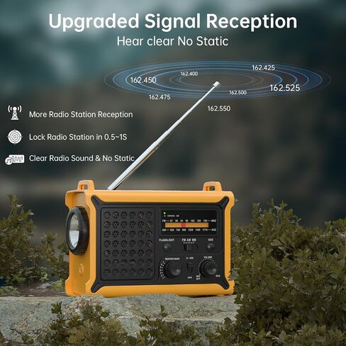 NOAA Weather Radio, 12000mAh Emergency Portable Radio, Hand Crank & Solar | AM/FM, 8500mm² Solar Panel, Rechargeable Battery, Flashlight, Reading Light, SOS and USB Charging for Camping and Emergencies in Kuwait