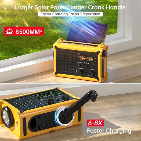 NOAA Weather Radio, 12000mAh Emergency Portable Radio, Hand Crank & Solar | AM/FM, 8500mm² Solar Panel, Rechargeable Battery, Flashlight, Reading Light, SOS and USB Charging for Camping and Emergencies in Kuwait