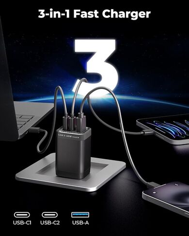 Munbyn Nexgo ™ 65W GAN III USB C Charger Block ، شاحن سريع ثلاثي المنافذ لـ MacBook Pro و iPhone و iPad و Galaxy و Quick Charge و Foldable و Travel-Fliendly (كابل 3.3 قدم) in Saudi Arabia