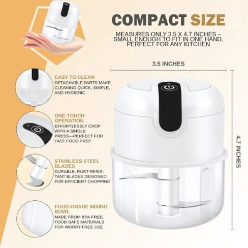 مروحية الثوم الكهربائية والثوم Mincer USB معالج الطعام الصغير القابل لإعادة الشحن مع شفرات من الفولاذ المقاوم للصدأ ، وعاء خالٍ من BPA ، ومعالج طعام صغير محمول للبصل ، والمكسرات ، والأعشاب والمزيد in Kuwait