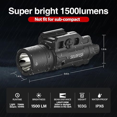 Solofish 1500 Lumens Slidable Slidable Pistol Light مع مصباح يدوي تكتيكي قاسي/لحظة وقابلة لإعادة الشحن للبنادق المتوافقة مع picatinny (وليس للعلاج الفرعي) in Kuwait
