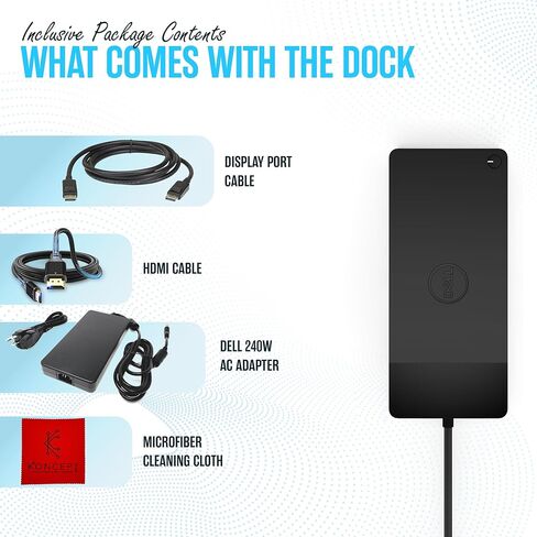 WD19DCS Dell Dell Station USB C - محطة إرساء مراقبة مزدوجة مع 240 واط ، كابل HDMI ، DisplayPort Cable و Microfiber Cleaning Commit - محطة الأداء (متجددة) in Saudi Arabia