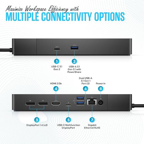 WD19DCS Dell Dell Station USB C - محطة إرساء مراقبة مزدوجة مع 240 واط ، كابل HDMI ، DisplayPort Cable و Microfiber Cleaning Commit - محطة الأداء (متجددة) in Saudi Arabia