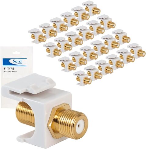 ICC F-Type Keystone Jack, Gold Plated 2 GHz Coax Jack, Female to Female, RG6 RG59 Compatible, Coaxial Wall Plate Insert, White, 25-Pack in Saudi Arabia