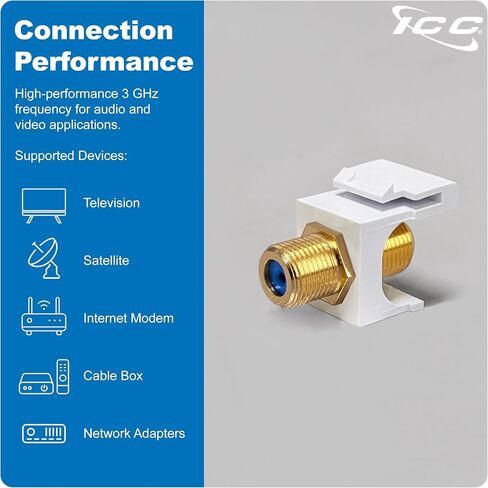 ICC F-Type Keystone Jack, Gold Plated 2 GHz Coax Jack, Female to Female, RG6 RG59 Compatible, Coaxial Wall Plate Insert, White, 25-Pack in Saudi Arabia