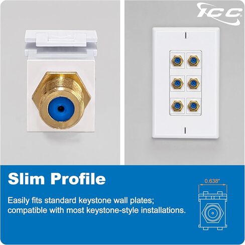 ICC F-Type Keystone Jack, Gold Plated 2 GHz Coax Jack, Female to Female, RG6 RG59 Compatible, Coaxial Wall Plate Insert, White, 25-Pack in Saudi Arabia