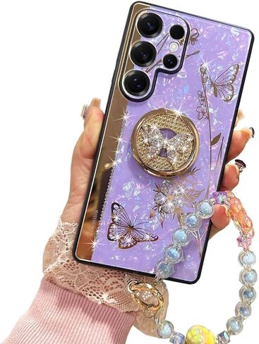 for Samsung Galaxy S25 Ultra Case for Women Girls with Cute Butterfly Floral Kickstand,Luxury Bling Glitter Diamond Pearl Back Soft TPU Bumper with Bead Phone Strap for Samsung S25 Ultra Purple in Saudi Arabia