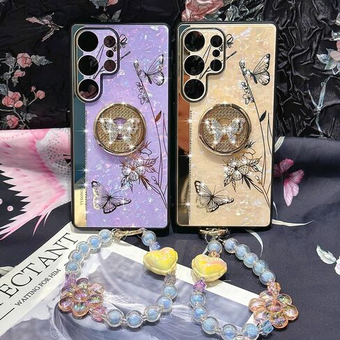 for Samsung Galaxy S25 Ultra Case for Women Girls with Cute Butterfly Floral Kickstand,Luxury Bling Glitter Diamond Pearl Back Soft TPU Bumper with Bead Phone Strap for Samsung S25 Ultra Purple in Saudi Arabia