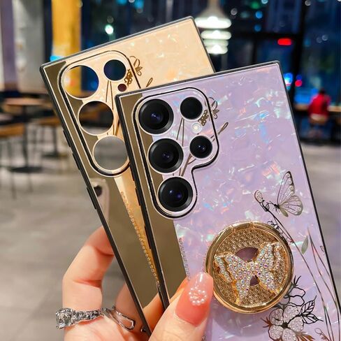 for Samsung Galaxy S25 Ultra Case for Women Girls with Cute Butterfly Floral Kickstand,Luxury Bling Glitter Diamond Pearl Back Soft TPU Bumper with Bead Phone Strap for Samsung S25 Ultra Purple in Saudi Arabia