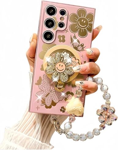 for Samsung Galaxy S25 Ultra Case for Women Girls with Cute Butterfly Floral Kickstand,Luxury Bling Glitter Diamond Pearl Back Soft TPU Bumper with Bead Phone Strap for Samsung S25 Ultra Purple in Saudi Arabia