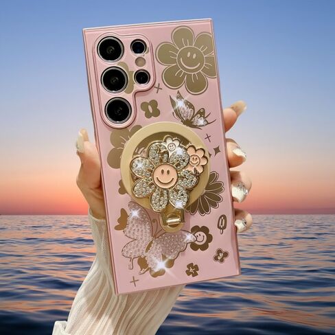 for Samsung Galaxy S25 Ultra Case for Women Girls with Cute Butterfly Floral Kickstand,Luxury Bling Glitter Diamond Pearl Back Soft TPU Bumper with Bead Phone Strap for Samsung S25 Ultra Purple in Saudi Arabia
