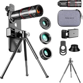 طقم عدسة كاميرا الهاتف الخليوي 4-في 1 ، تعيين كاميرا خارجية مرفوعة ، تليفوتوغرافي 28x ، زاوية واسعة 0.6x ، الماكرو 20X ، Fisheee 198 ° ， مرفق عدسة الهاتف لـ Andriod و iPhone (أسود) in Kuwait