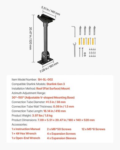 Vevor Starlink RV Ladder Mount ، 360 ° قابلة للتعديل زاوية التثبيت القياسية Gen 3 مجموعة أنابيب ، من الصلب الشاق إضافي محول سلم RV ، متوافق مع Gen3 و V3 ، يسهل التجميع ، الأسود ، الأسود in Saudi Arabia