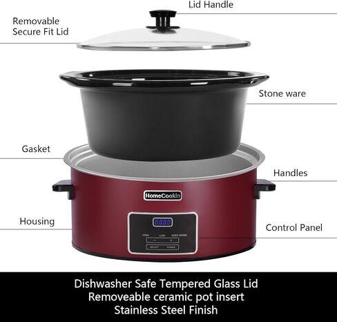 HomeCookin 8 Quart Cooker Slow Programmable ، وأجهزة المطبخ ، والمطبخ المثالي جهاز صغير للعشاء العائلي ، والفولاذ المقاوم للصدأ الأحمر in Kuwait