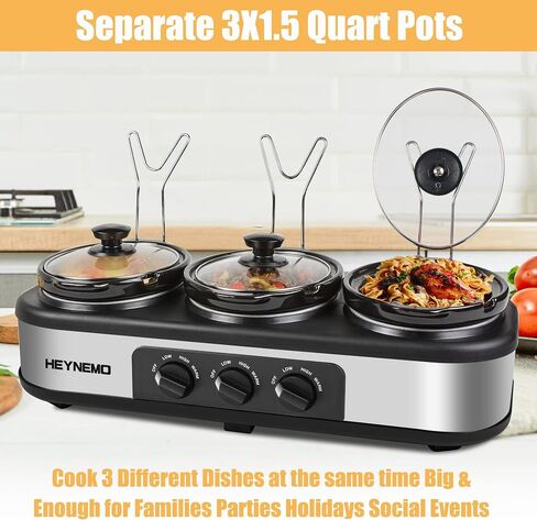 Triple Slow Cooker, 3×1.5 QT Buffet Servers and Warmers, 3 Pots Buffet Slow Cooker Adjustable Temp Lid Rests Stainless Steel Manual Silver for Parties Holidays Families in Saudi Arabia