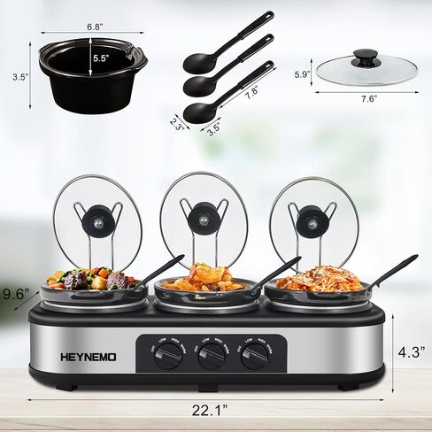 Triple Slow Cooker, 3×1.5 QT Buffet Servers and Warmers, 3 Pots Buffet Slow Cooker Adjustable Temp Lid Rests Stainless Steel Manual Silver for Parties Holidays Families in Saudi Arabia