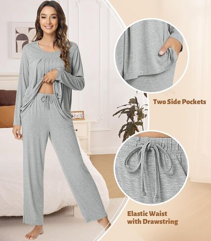 NACHILA Women's Bamboo Pajamas Set Crew Neck Sleepwear Long Sleeve Pjs Soft Loungewear Loose Pajama Sets S-XXL in Kuwait