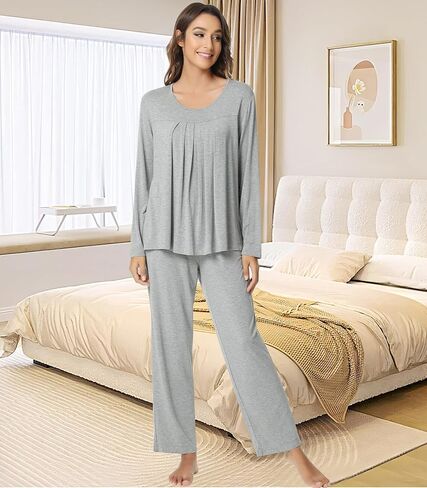 NACHILA Women's Bamboo Pajamas Set Crew Neck Sleepwear Long Sleeve Pjs Soft Loungewear Loose Pajama Sets S-XXL in Kuwait