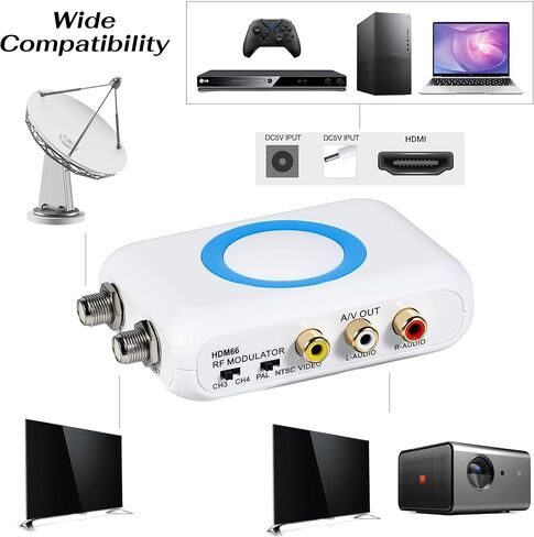 HDMI إلى محول RCA RF Coxaxial ، HDMI إلى VHF RF Modulator Adapter إلى AV Converter W/F أنثى/هوائي داخل/خارج Fire TV Stick Roku Maming Cable Cable Box HD Digital Video Pal NTSC TV in Kuwait