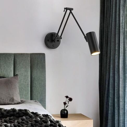 Vintage Industrial Swing Arm Reading Lamp Adjustable Long Arm Dimmable Switch d Finish Wall-Mounted Metal Wire Design in Black & White - Perfect for Home Office & Study (d A) in Saudi Arabia